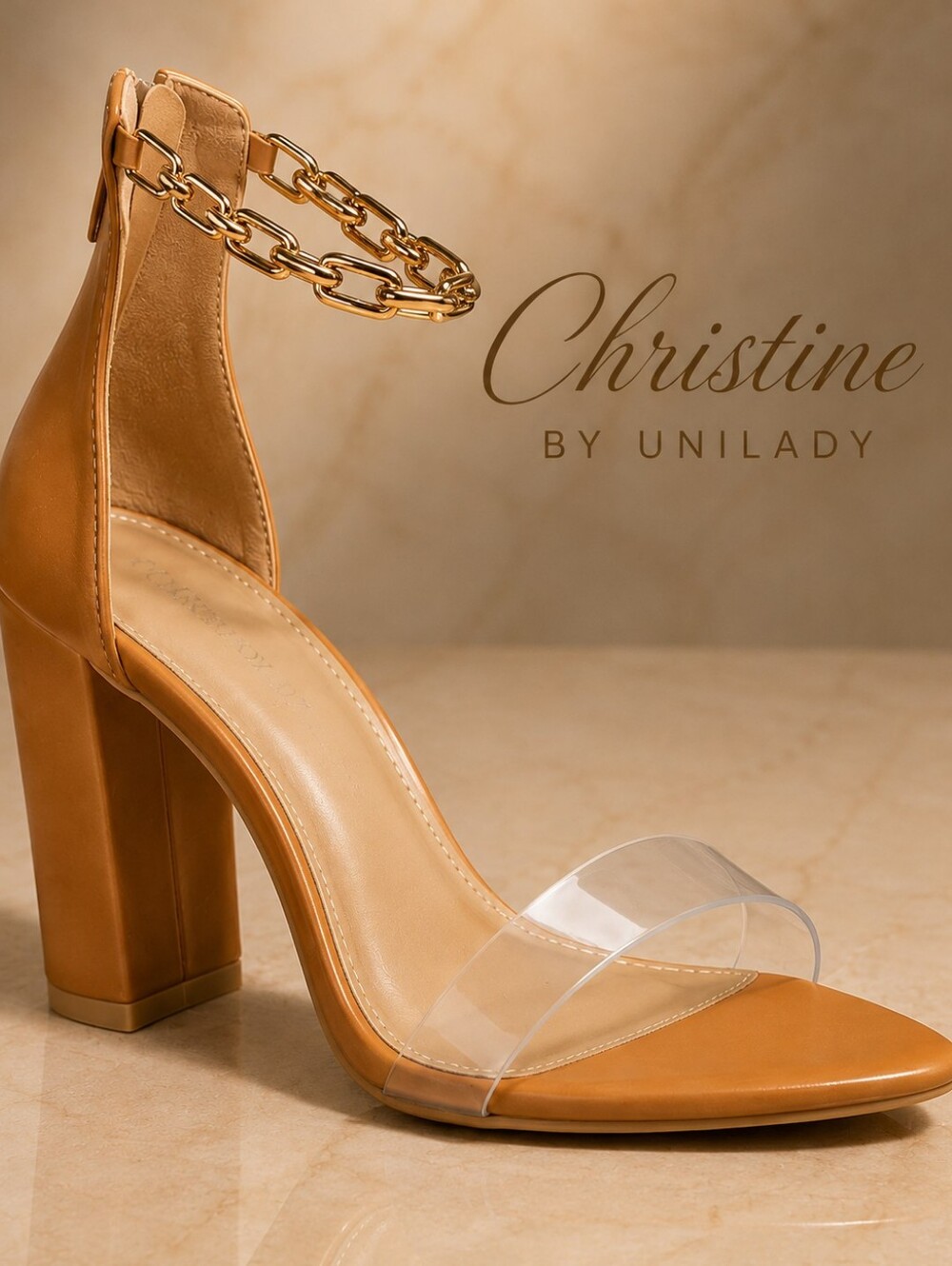 Christine by Unilady – Cognac Clear Strap & Gold Chain Block Heels – Size 7  NIB